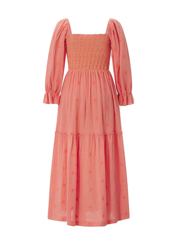 Runhufu Autumn Embroidery Flower Flowy Hem A-Line Dress Women's Puff Long Sleeve Square Neck Casual Long Dress for Beach Holiday